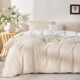 BUPIRD Queen Size Comforter Set Beige Striped 100% Soft Washed Cotton Jacquard 3 Pieces Striped Bedding Sets Beige White Comforter for All Seasons and 2 Pillowcases Comfort Breathable
