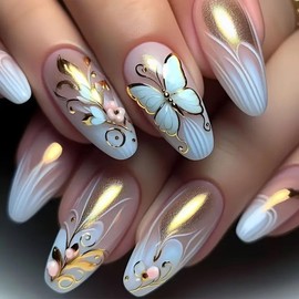 24Pcs Gold Press on Nails Short Almond Fake Nails with Glitter Flower Designs 3D Blue Butterfly False Stick on Nails Summer White Ombre Acrylic Glue on Nails for Women