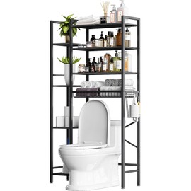 Kalrin Over The Toilet Storage Rack with Extra Side Shelves, 4-Tier Bathroom Over Toilet Storage with Adjustable Shelf & Drain Basket, Freestanding Bathroom Organizer for Balcony, Laundry(Pure Black)
