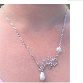 Garoff Collection Olive Branch and Faux Pearl Lariat Necklace Silver Tone