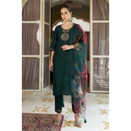 VredeVogel Women's Cotton Silk Embroidered Kurta with Pant & Organza Dupatta Set (Green_Large)