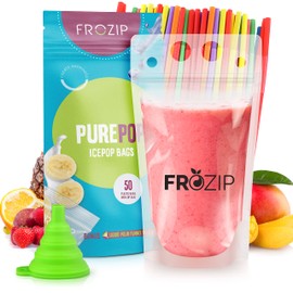 Frozip 50pcs 16oz Drink Pouches for Adults - Drink Pouches with Straws x50 & Funnel - Resealable Smoothie Pouches & Clear Juice Pouches for Adults - Drink Bag Plastic Pouches for Drinks with Straws