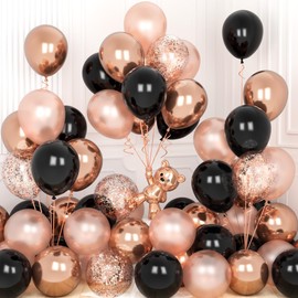 Rose Gold Black Balloons, Ousuga 30 pcs 12 Inch Matte Black Pearl Metallic Rose Gold Confetti Latex Balloons Set for Girls Women Birthday Wedding Engagement Baby Shower Anniversary Party Decorations