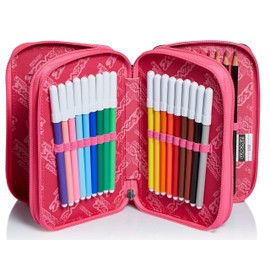 Seven Pencil Case, Multicoloured, Pencil Case for Stationery, Case with Pens, Ballpoint Pens, & More, 3 Compartments, Girls & Boys, School - Primary School, XXL Iridescent Pink/Black Stars, Smoke