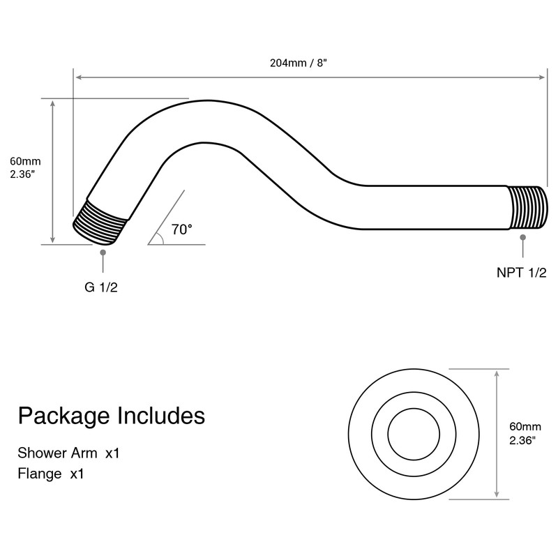 8 Inch S-Shape Curved Shower Arm with Flange Stainless Steel
