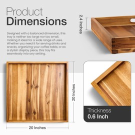 TIDITA 20 Inch Acacia Wood Ottoman Tray - Wooden Square Serving Tray with Handles - Extra Large Food Serving Trays for Decorative, Coffee Table, Breakfast in Bed - Charcuterie Trays Use for Kitchen