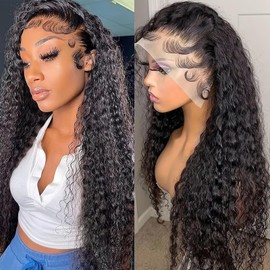 BASEMMAHER Deep Wave Lace Front Wigs Human Hair Glueless Pre Plucked 13x4 HD Lace Frontal Human Hair Wigs 180% Density Pre Plucked Pre Cut With Baby Hair Natural Black Wigs for Black Women (28 Inch)