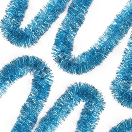 Ohiyoo 50 Feet Blue Tinsel Garland Christmas Foil Tinsel Garland Decoration Metallic Banner Wall Hanging Tinsel Garland for Christmas Tree Birthday Party Decorations (3.54" x 50', Light Blue)