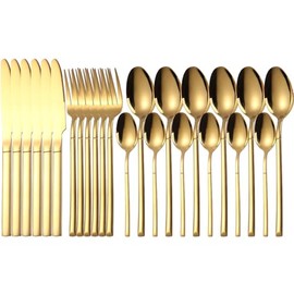 Juego de Cubiertos de Acero Inoxidable: 24 piezas de Cubiertos para La Cena, Tenedores, Cucharas, Cuchillos Pulidos con Espejo para Cenar (Oro)