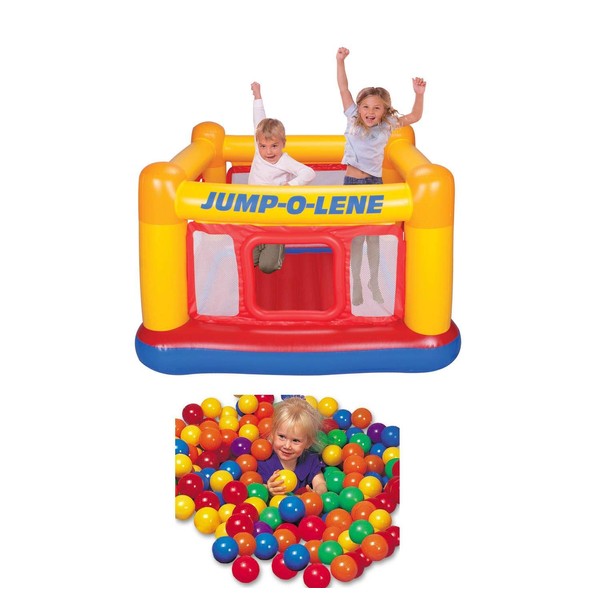Intex Inflatable Colorful Jump-O-Lene Indoor Outdoor Bouncy Kids Ball Pit Castle Jumper Bounce House for Kids Ages 3-6 w/ 100 Play Balls