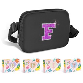 COSHAYSOO Black Initial Belt Bag Waist Fanny Pack Small Crossbody Bum Hip Pouch Cross Body Hands Free Chest Purse with Monogram Glitter Letter Patch for Women Friend Teacher Appreciation Gift (F)