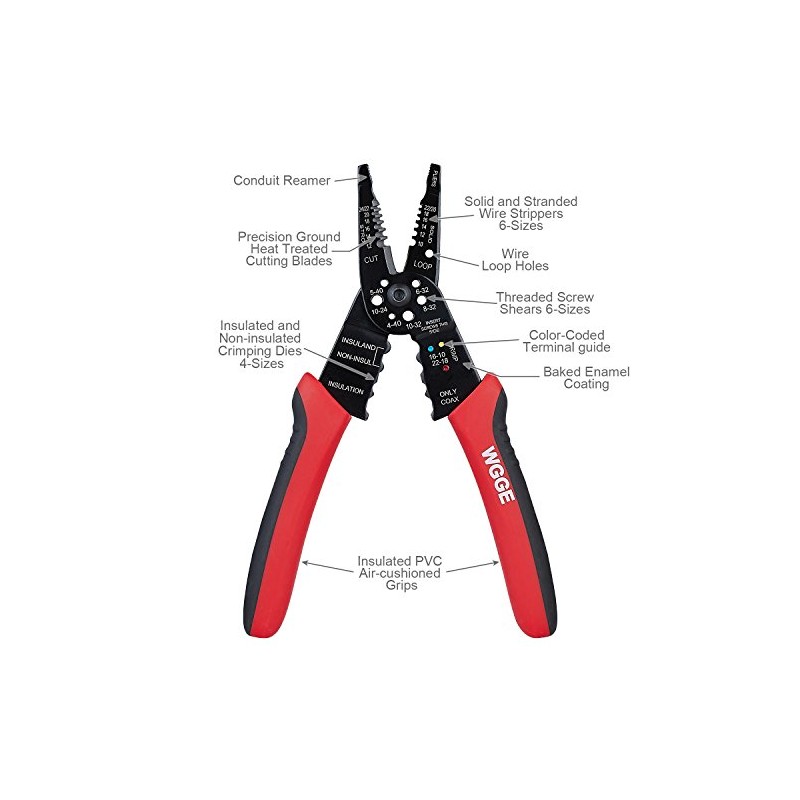 WGGE WG-015 Professional 8-inch Wire Stripper/Crimping Tool, Cable Cutter/Crimper, Wiring