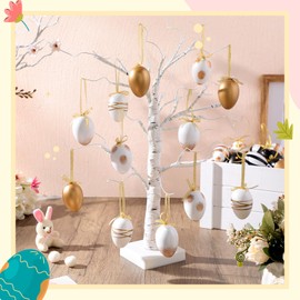 RoundFunny 12 Pcs Neutral Easter Egg Ornaments Tree Decoration Plastic Speckled Egg Hanging Ornament Bulk 2.36'' Rustic Easter Decorations for Basket DIY Crafts Holiday Party Favors (White Gold)