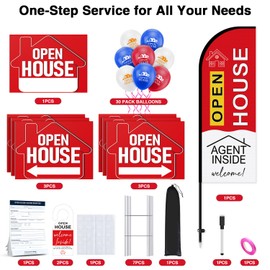 Open House Sign Kit with Flag - 7 Pack 24"x18" Double-Sided Signs, Double H-Stakes, Open House Flag, 30 Balloons, Guest Register Book & Door Hangers | Complete Real Estate Marketing Set