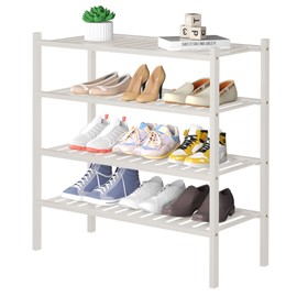 ROMGUAR CRAFT 4 Tier Bamboo Shoe Rack for Closet Free Standing Wood Shoe Shelf for Entryway Small Space Stackable 27"x11"x26" (White)
