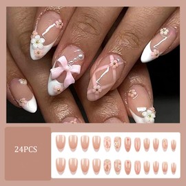 Cute Bow Press on Nails Medium Almond Fake Nails White French Tip Glue on Nails 3D Flowers False Artificial Nails Glossy Full Cover Stick on Nails for Women Girls Manicure 24PCS