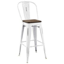 Modway Promenade Industrial Modern Steel Bistro Bar Stool with Bamboo Seat in White, Metal Side
