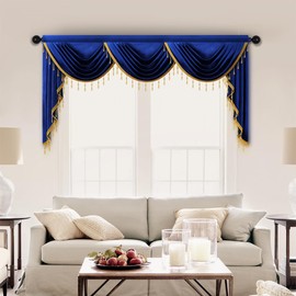 ELKCA Luxury Royal Blue Velvet Curtain Valances for Living Room with Beads(79inch,1 Panel)