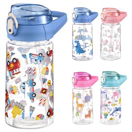 PLUSHCEWT Kids Water Bottles 500 ml/17.6 oz Kids Water Bottle With Straw Leak Proof Toddler Drinks Bottle for School Easy to Open Secure Lock Children's Bottle BPA free Sport Bottle for Girls Boys (E)