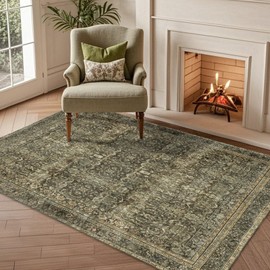 Brevonox Washable Area Rug 5x7: Machine Washable Rugs Carpet for Living Room Bedroom - Non Slip Oriental Rug for Dining Room Table - Low Pile Vintage Soft Rug for Home Decor - Antique Olive Brown