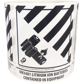 Hazard Class 9 D.O.T. UN3481 Lithium Ion Batteries Contained in Equipment Labels 4 x 4 3/4 Inch Square 500 Adhesive Stickers