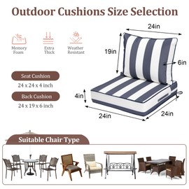 Outdoor Deep Seat Cushions for Patio Furniture Set of 2, Waterproof Outdoor Chair Cushions 24 x 24 x 4'' Patio Furniture Cushion with Fade Resistant Removable Cover, Handle & Strapsr, Blue Stripe