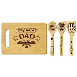 Fathers Gifts from Daughter Son - Unique Bamboo Cutting Board Gift with Utensil Set, Dad Cooking Board Kitchen Gifts, Perfect for Father's Day Birthdays Gift, My Hero Dad