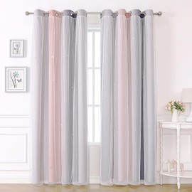 KAHEAUM Blackout Curtains for Living Room Bedroom Home Nursery Kids,2 Panel 46 x 54 inch Drop White Voile Net Curtains for Windows,Soundproof Thermal Black Out Curtains Eyelet Set Pink Grey Curtains