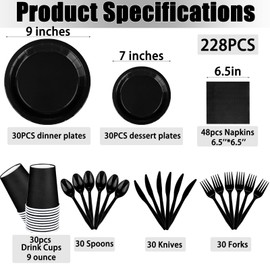 TWOWYHI 228PCS Black Party Supplies Set Include Paper Plates Cups Black Napkins Plastic Spoons Forks Knives for 30 Guests Disposable Party Dinnerware for Birthday Wedding Party Family Picnic