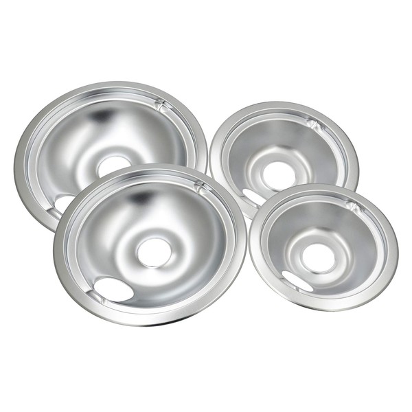 WB31T10010 and WB31T10011 Chrome Oil Drip Pans Replacement Set Compatible with GE Hotpoint Kenmore Electric Range with Locking Slot - Includes 2 6-Inch and 2 8-Inch Pans, 4 Pack, Silver