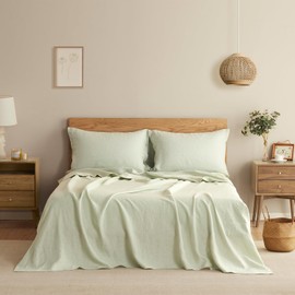 DAPU Pure Linen Sheets Set, 100% French Linen from Normandy, Breathable and Durable for Hot Sleepers, 4 Pcs Set - 1 Flat Sheet, 1 Fitted Sheet, 2 Pillowcases (Sage Green, Full)