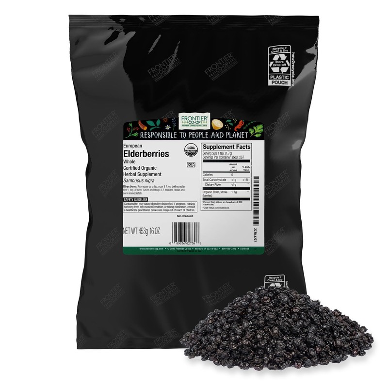 Frontier Co-op Organic Dried Elderberries, European Whole - Non-GMO Elderberry