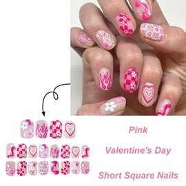 24Pcs Short Square Press on Nails Valentine's Day Fake Nails Cute False Nails with Heart Flower Butterfly Design Short Glue on Nails Glossy Valentines Acrylic Artificial Nails for Women Nail Decor