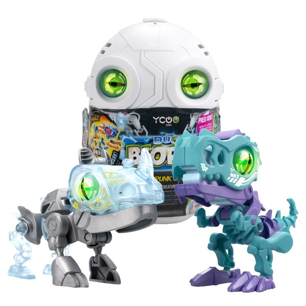 YCOO 88112 Biopod Cyberpunk Duo by Silverlit, 2 Robots Dinosaurs in a Surprise Egg for Building, Light and Sound Effects, 6 Different Biopods to Collect, 9 cm, from 5 Years