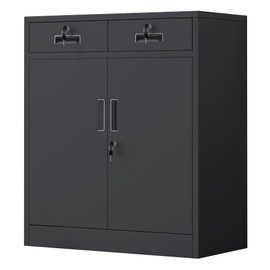 JINKUR Metal Storage Cabinet with Locking Doors and Adjustable Shelf, Lockable Storage Cabinets with Drawers for Home Office Garage Kitchen Pantry (Black)