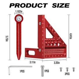 3D Mitre Angle Measuring Tool with Mini Circle Compass Drawing Ruler Aluminum Combination Speed Square Tools 22.5-90 Degree 3D Mitre-Angle Woodworking Carpentry Measurement Set