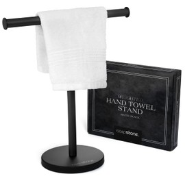 iSoapStone Luxury Hand Towel Holder Stand with Heavy Weighted Base, Matte Black Towel Rack, T-Shape, Freestanding Towel Stand for Bathroom Vanity or Kitchen Countertop, Waterproof Counter Organizer