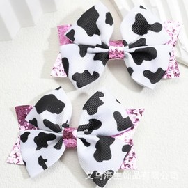 Cute Cow Bow Hair Clips 2Pcs Pink Glitter Headwear Cow Patterned Fabric Bow Hair Accessories with Sparkling Glitter Designs Super Adorable Hair Barrettes for Thin/Thick Hairstyles