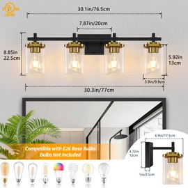 Spiglamm 4-Lights Black and Gold Bathroom Vanity Light, Modern Bathroom Wall Sconces Lighting with Clear Glass Shade, Gold Vanity Lights for Bathroom Bedroom Living Room Porch