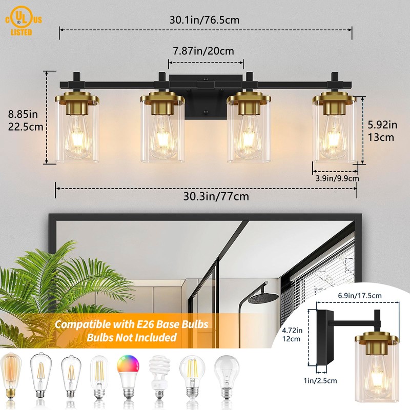 Spiglamm 4-Lights Black and Gold Bathroom Vanity Light, Modern Bathroom
