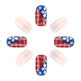 4th of July Press on Nails Square Short Fake Nails with American Flag Star Stripe Designs Silver Glitter French Tip Glue on Nails Nude Translucent False Nails Artificial Stick on Nails for Women 24Pcs