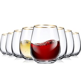 Mimorou Stemless Wine Glasses with Gold Rim, Set of 8, 15 oz Red Wine Glasses Durable Wine Glasses Crystal Drinking Glasses Drinkware for Christmas Party, Wedding All Beverages
