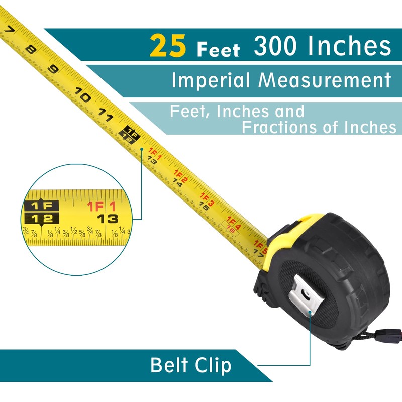 Tape Measure 25 Ft - Metal Retractable Tape Measure with