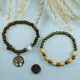 Beaded Bracelet Set, 2 piece Tree of Life Charm, Wooden Beads with Gold-Tone Accents