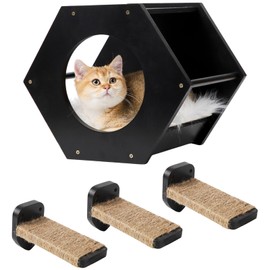 Cat Wall Shelves, Cat Shelves for Wall, Cat Wall Furniture, Cat Shelf with 3 Steps Scratcher Post, Cat Tree Hammock with Plush Wall Mounted, Climbing Shelf Wall Mount for Indoor Cats (Black)