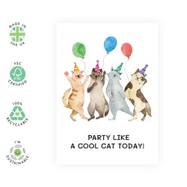 Birthday Party Card - 'Party Like A Cool Cat' - Gifts for Her, Him, Colleagues, Coworkers, Officemate, Friends - Hats & Balloons - Comes with Fun Stickers