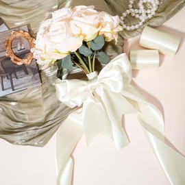 LaRibbons Ivory Satin Ribbon 4 Inch 10 Yards Double Faced Luxury White Cream Silk Ribbon for Gift Wrapping Flower Bouquets Bow Christmas Wedding Party Decoration