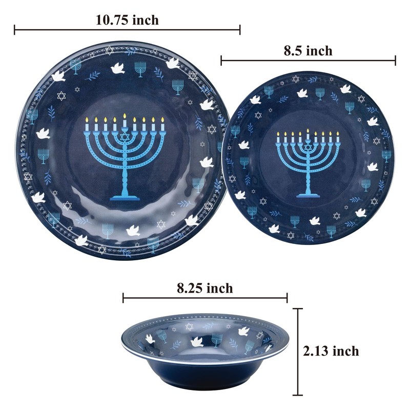 UPware 12 Piece Hanukkah Menorah Melamine Dinnerware Sets, Outdoor Dishes