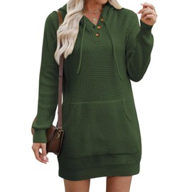 CiCiBird Women Fall Sweater Dress Knit V Neck Pullover Casual Long Sleeve Short Dresses with Pockets ArmyGreen M