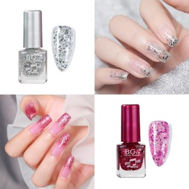 Glitter Nail Polish Set - 4pcs Silver, Gold, Pink, Purple - Quick Dry, Flash Shiny Varnish Kit With Clear Polish and Glitter - Gift for Women